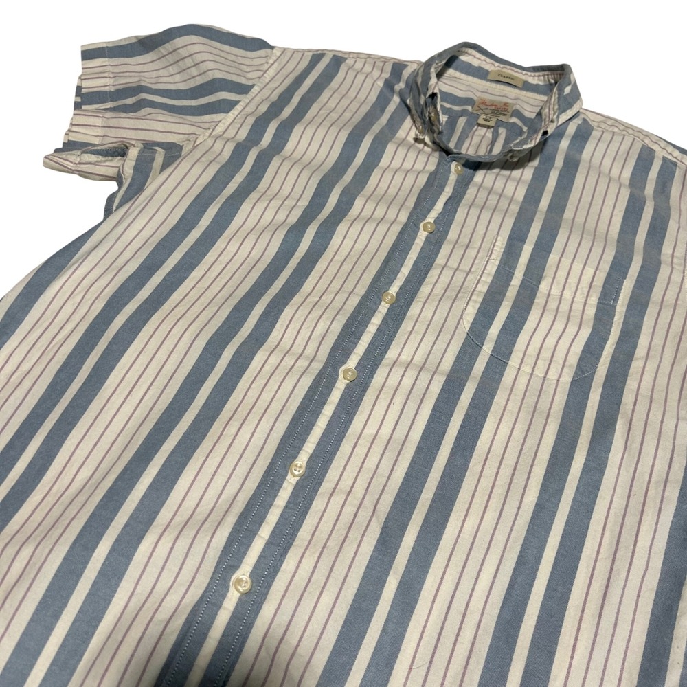 J.Crew Button Down Shirt Mens LT Blue White Striped Broken-In Oxford Short Slv